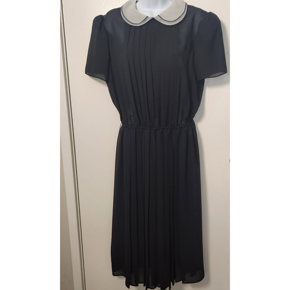 Vtg 80s Donna Morgan Small Pleated Sheer Chiffon Midi Dress Peter Pan Collar